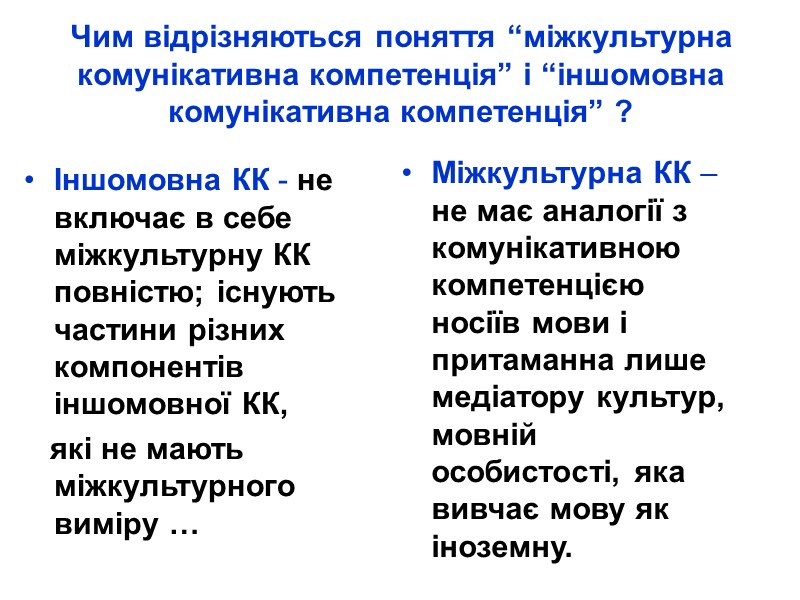 Іншомовна КК - не включає в себе міжкультурну КК повністю; існують частини різних компонентів